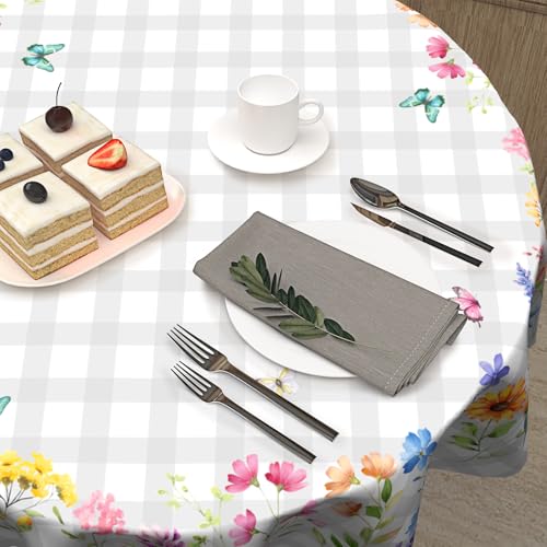 Sweetshow Spring Colorful Floral Table Cloth Round White Grey Buffalo Plaids Wildflower Butterflies Tablecloth 60 Inch Decor Washable Stain and Wrinkle Summer Round Table Cover for Dining Picnic by Sweetshow - Used condition - Image 5