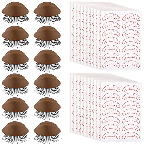 6 Pairs Removable Eyelids Eyelash Replacement Eyelids with Eyelashes for Mannequin Head Realistic Eyelids and 20 Pieces Eye Mapping Stickers for Eyelash Training Practice (Dark Coffee Color)