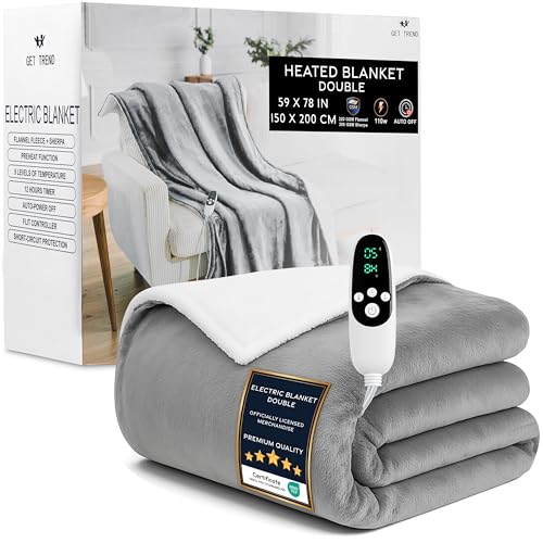 Get Trend Couverture Chauffante Électrique 150x200 cm, Polaire Plaid Sherpa, 9 Niveaux avec 12 Heures Arrêt Automatique, Lavable en Machine, Idee Cadeau (Gris Clair, Double EU)