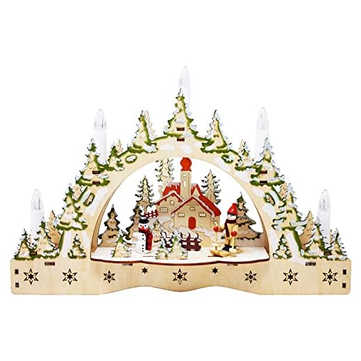 ToCi LED-Kerzenbogen mit Skifahrt-Motiv – Schwibbogen aus Holz mit 5 LED-Kerzen - Handbemalter Lichterbogen für Fensterdeko & Tisch - Batteriebetriebene Weihnachtsbeleuchtung für Innen