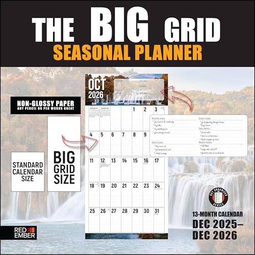 Image of RED EMBER The Big Grid Seasonal Planner Calendar - with Lines 2026 Wall Calendar 12 Month | 12 inch x 24 inch Open | Thick & Sturdy Paper | Giftable | Jumbo Large Print Nature Calendar 2026