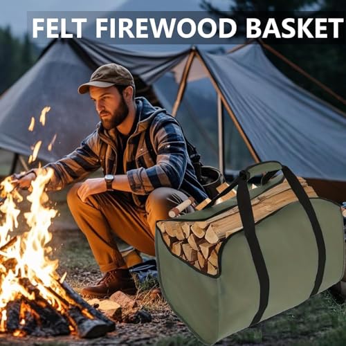 XINFULLWOL Kaminholztasche, faltbare Kamintasche, Holzträger, wasserabweisend, langlebig, Segeltuch-Tragetasche für Kamin, Kaminholztrage mit Griff für drinnen und draußen, Camping (Armeegrün)