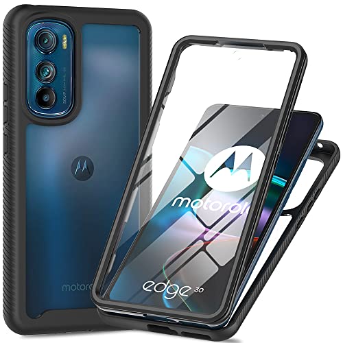 DESSEN Transparente Funda para Motorola Edge 30, Carcasa Bumper Anticaída con Protector de Pantalla, Protección de Cuerpo Completo de 360 ​​Grados Case. Negro