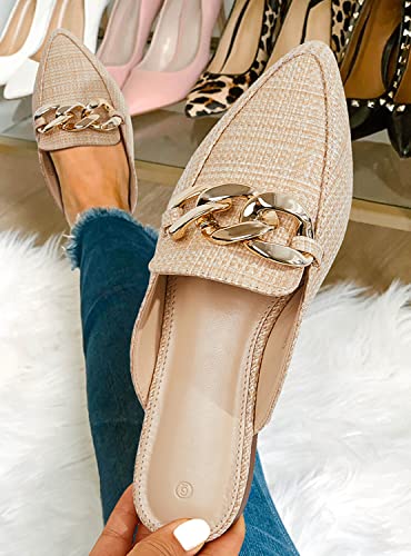 Image of Juliet Holy Womens Mules Flats Pointed Toe Backless Loafers Slip on Metal Chain Slides