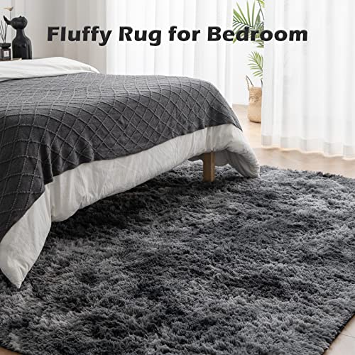 OMERAI Soft Fluffy Rug for Living Room Tie Dye Craft Anti Slip Shaggy Rug Fluffy Rugs Faux Fur Rug Area Rugs for Bedroom Kids Rooms Decor (Dark Grey - Image 2