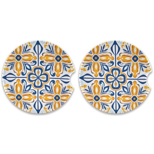 SKYSHU Talavera Mexican - Juego de 2 posavasos redondos para automóvil, para bebidas, de piedra de cerámica absorbente con base de corcho y agarre para la punta de los dedos para una fácil limpieza en