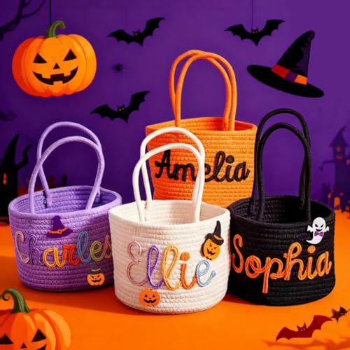 Custom Halloween Basket for Child Personalized Halloween Trick or Treat Bag with Cotton Rope Embroidery Name Customized Kids Woven Halloween Candy Bucket Gifts for Boys Girls