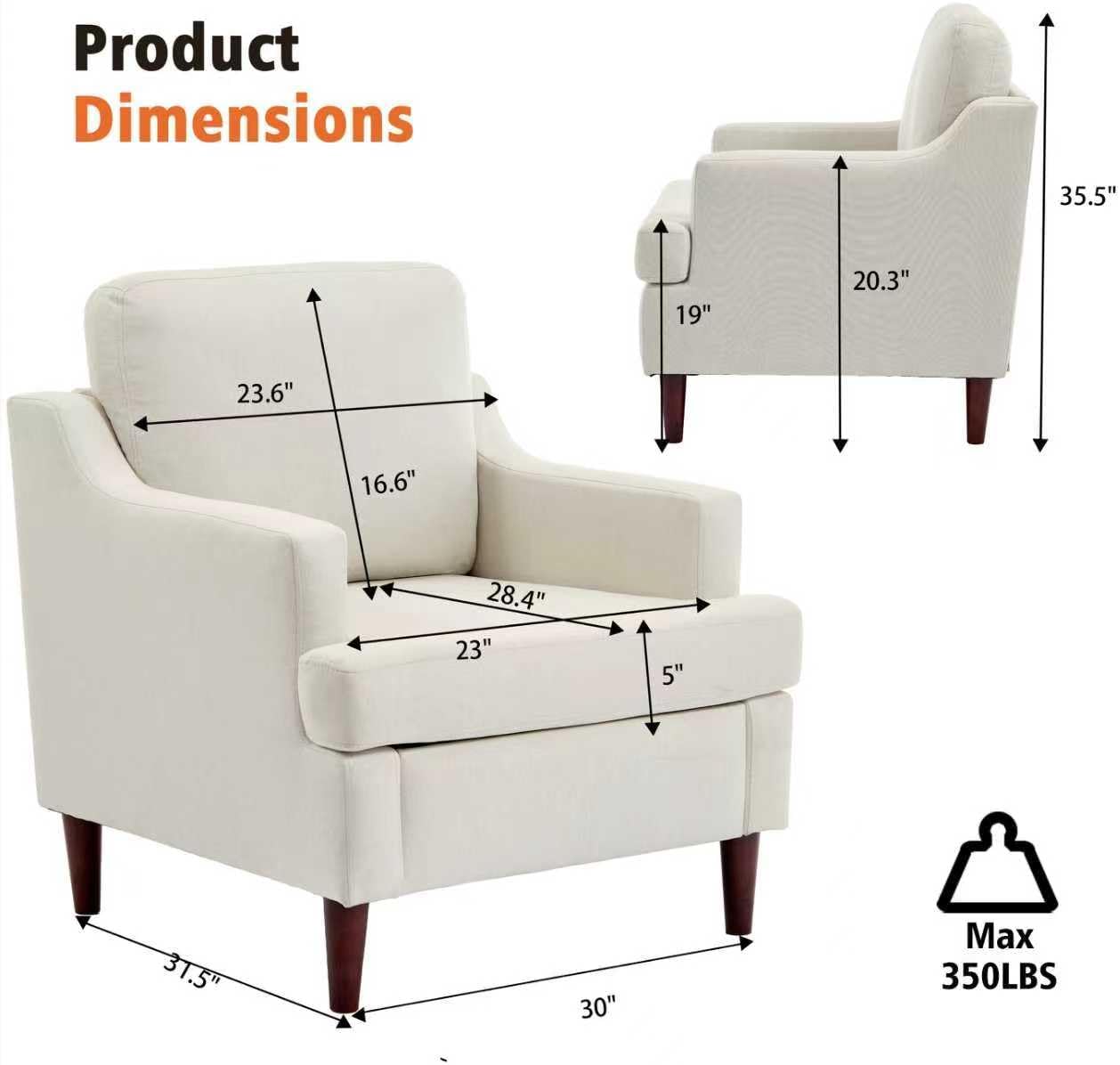 Ketaiyou Mid-Century Accent Chair Modern Linen Fabric Armchair for Living Room,Comfy Upholstered Reading Chairs for Bedroom,Single Sofa Chair with Wood Legs (Linen Beige, Set of 1)