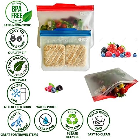 LLM 10 Pack Large Reusable Food Storage Bags (5 Sandwich + 5 Freezer Bags), Extra Thick Bags, Ziplock Eco Friendly, BPA Free, Leakproof, Blue, Red, M, L