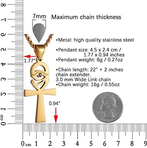 Miniatura 2 de HZMAN Collar religioso con dije de cruz de Ankh de Ojo de Horus Egipto y Copta de acero inoxidable dorado con cadena Figaro de 24 pulgadas