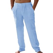 PASLTER Mens Cotton Linen Pants Casual Summer Beach Pants Dress Trousers