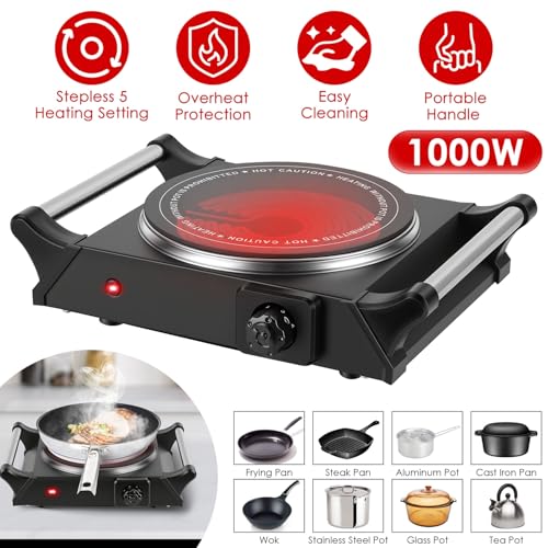Image of 1000W Electric Single Hot Plate Control Infrared Burner | Ceramic Countertop Cooktop Portable Stove with 5 Temperature Stepless Adjustments Portable Handles for Kitchen RV