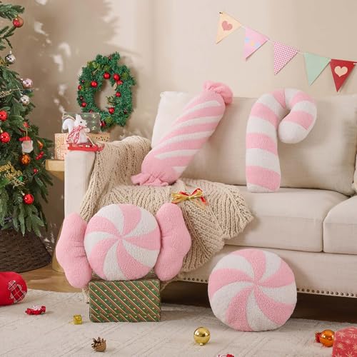 Image of Lanpn Christmas Candy Pillows Set of 4, Christmas Decoration Winter Throw Pillows Soft Fleece Cute Long Lumbar Candy Cane Bow Lollipop Peppermint Cushion for Sofa Bedroom Xmas Decor (Pink)