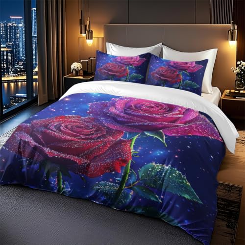 Parure de lit 240 x 260 rose et vert en microfibre avec 2 taies d'oreiller