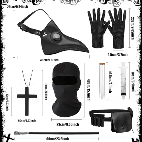 Plague Doctor Costume with Bird Beak Mask Hat Accessories Adult Dr Horror Scary Halloween Robe Outfit Set Cloak Gloves Black-Set S by Generic - Used condition - Image 2