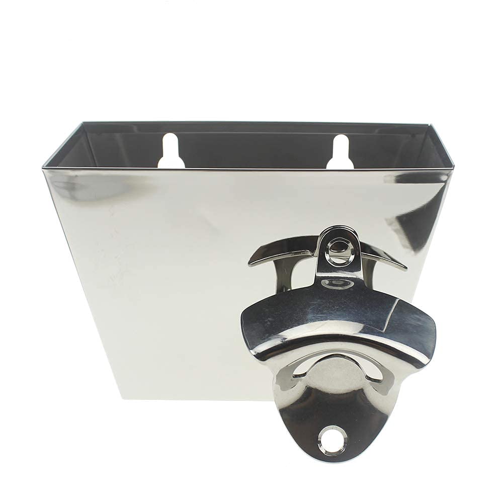 Luwanburg Stainless Steel Bottle Opener Wall Mounted Beer Top Opener with Cap Catcher Bucket (Polished Finish)