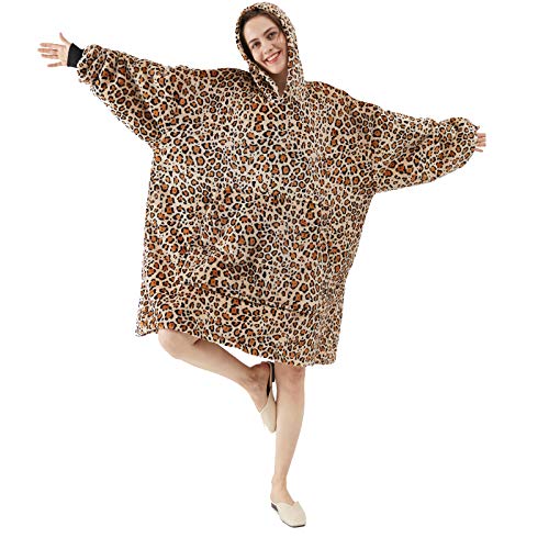 Dewellyoo One Size for All Sherpa Hoodie,Unisex Blanket Hoodie,Wearable Blanket Hoodie,Super Warm,Soft Comfortable Hoodie Blanket(1.3KG)(Leopard Print)