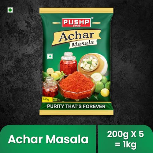 Image of Pushp Brand Achar Masala | 200g | Premium Blend of Traditional Spices | Ready-to-Use Pickle Mix | Authentic Homemade Pickle Masala | No Added Preservatives (Pack of 5)