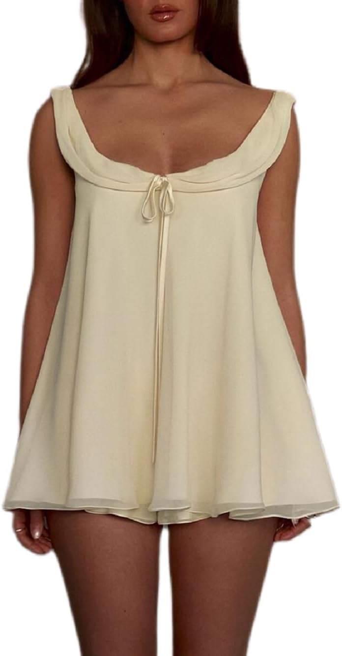 UAURORAO Women Cute Babydoll Shorts Set Sleeveless Chiffon Ruffle Tank Top Flowy Wide Leg Shorts Pajamas Pjs Loungewear