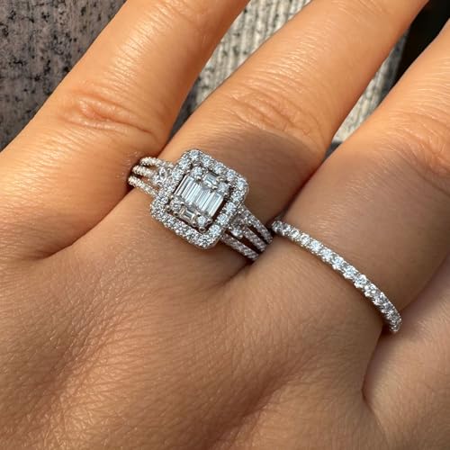 Newshe Jewellery Wedding Ring Sets for Her AAAAA Cz Engagement Band Rings for Women Emerald 925 Sterling Silver Size 5-103