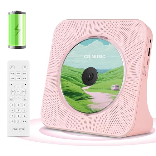 Tragbarer CD Player mit 4000mAh Akku, Bluetooth CD-Player mit Lautsprechern, Fernbedienung, LCD-Display, Sleep Timer, Kopfhörerbuchse, Unterstützung CD/Bluetooth/FM Radio/USB/LINE(AUX), Rosa