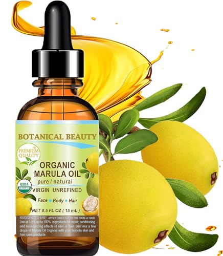 Botanical Beauty Organic MARULA OIL WILD GROWTH 100% Pure Natural Virgin, Unrefined Cold-Pressed Moisturizer for FACE, DRY SKIN, BODY, DAMAGED HAIR, NAILS, Anti-Aging (0.5 Fl Oz)