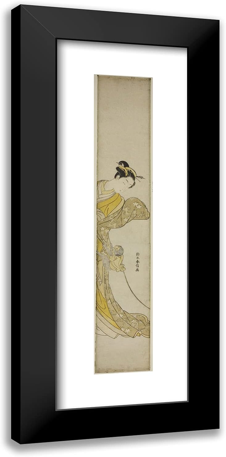 ArtDirect Suzuki Harunobu 11x24 Black Modern Framed and Double Matted Art Print Titled Woman with Pet Monkey
