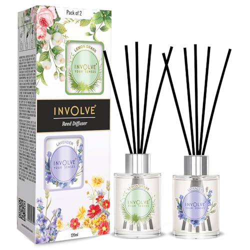 Image of Involve Pura Reed Diffuser Set (Pack of 2) - Lavender & Lemongrass - 120 ml | Oil Diffuser with Free 10 Reed Sticks | Room Freshener for Home, Bedroom | Gifts Set | New Home Gift Items Useful