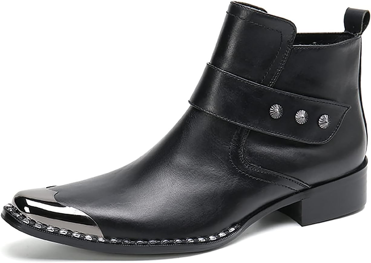 Santimon Mens Chelsea Boots Dress Party Genuine Leather Metal Square Toe Ankle Western Boots Zipper Buckle Casual Disco Ballroom Cowboy Boots For Men