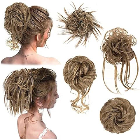Clshes 4 Pieces Tousled Updo Messy Bun Hairpiece Hair Extension Ponytail With Elastic Rubber Band Updo Ponytail Hairpieces for Women (Light Brown Mix Natural Blonde) Cover