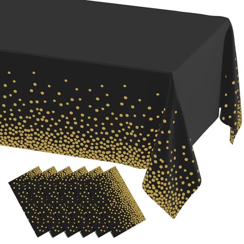 misaya 6 Packs Disposable Plastic Table Cloth, Gold Dots in Black