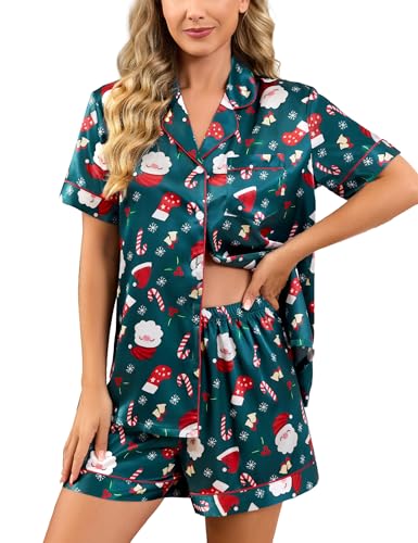 Image of SWOMOG Womens Silk Satin Pajamas Set Short Sleeve Sleepwear Button Down Top and Shorts Loungewear 2 Piece Pjs Set XS-3XL