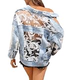 TACSTRUN Women's Summer Lightweight Oversized Denim Jacket Trendy Floral Lace Patchwork Button Down Sun Protection Clothing,Blue,XXL