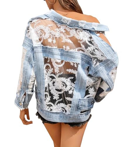 TACSTRUN Women's Summer Lightweight Oversized Denim Jacket Trendy Floral Lace Patchwork Button Down Sun Protection Clothing,Blue,XXL