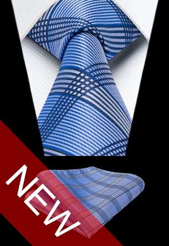 Image of HISDERN Ties for Men Formal Business Plaid Checked Mens Ties and Pocket Square Set Classic Wedding Necktie Handkerchief