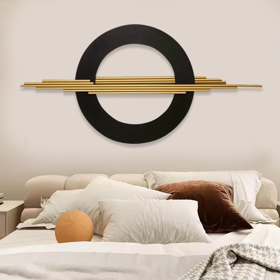 Image of ZOVE Modern Metal Wall Art | Black & Gold Circle Decor for Living Room | Modern Geometric Wall Hanging for Home, Office, or Hallway | 3D Abstract Iron Sculpture - 39 x 19 inch