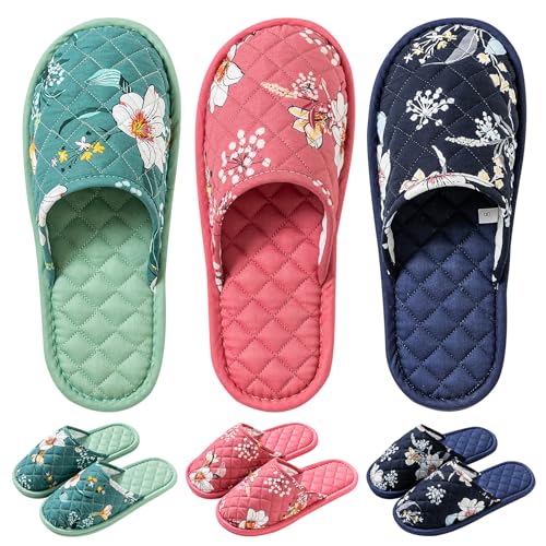 biroris 3 Pairs Women's Indoor House Slippers, Floral Cotton Closed