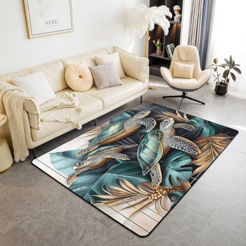 jejeloiu Sea Turtle Living Room Rugs for Bedroom Area Rug 3x5 Kids Reptile Tortoise Palm Leaf Decor Carpet for Boys Girls Teens Summer Ocean Beach Coastal Animal Indoor Floor Mat Room Decor