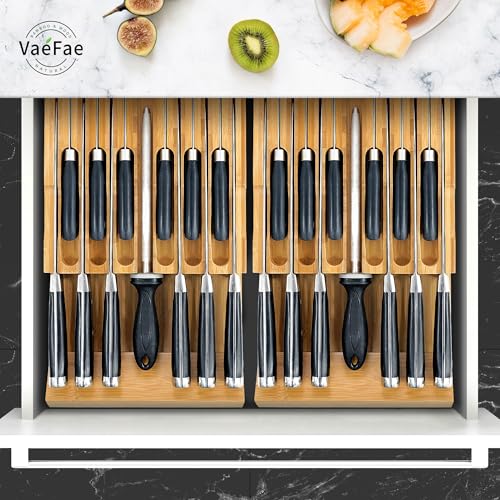 VaeFae Bamboo Knife Drawer Organizer, Knife Drawer Organizer Insert, Kitchen Drawer Knife Block for 12 Knives and a PLUS Slot for your Knife Sharpener (Without Knives) by VaeFae - Used condition - Image 6
