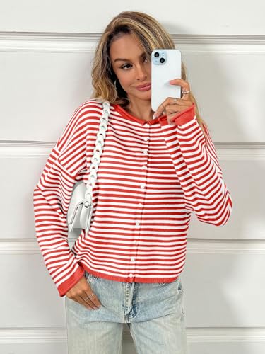 Image of Saodimallsu Womens Striped Cardigan Casual Long Sleeve Open Front Button Down Loose Knit Lightweight Fall Sweaters