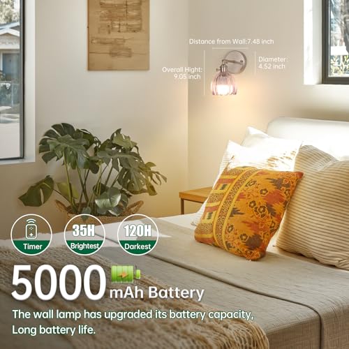 Image of Shenmoyl Vintage Wall Sconce Set of 2 - Rechargeable Battery Powered with Remote Control, Translucent Purple Tulip Glass Shade (5000mAh) for Bedroom /Doorway