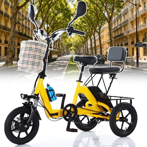 ErShangMao 2025 Faltbares Elektrisches Dreirad Mit 3 Modi, 180 Kg Tragkraft, 45 Km Reichweite, LCD, Led-Licht, Hinterem Korb, Für Pendeln, Lebensmitteleinkäufe Und Elektro-Dreirad Im Freien Yellow