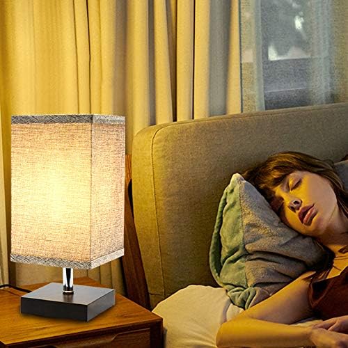 Grey Square Bedside Table Lamp with Linen Fabric Shade and Solid Wood. Nightstand Lamp (3000K Warm White) for Bedroom, Living Room Modern Desk Lamp,Coffee Table, Office, Kids. (4W E27 Bulb Include)