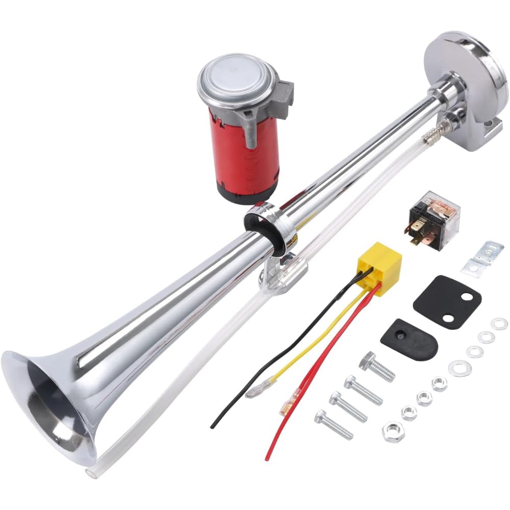 NEWFUN Bocina Aire Comprimido, Bocina Camion, Claxon Coche 12v Potente, Bocinas Musicales, para Coche Camión Coche Triciclo Barco Tren Etc （ Compresor ya Incluido en el Kit）