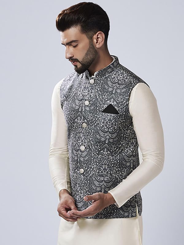 Image of Kisah Men's Silk Blend Printed Nehru Jacket Regular Fit | Designer Ethnic Layering | Wedding & Occasion Wear