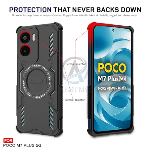 Image of AESTMO Back Case Cover for Poco M7 Plus 5G | Magnetic Case with Built-in Metal Ring | Compatible with MagSafe Accessories | Shockproof Hybrid (PC + TPU, Black)