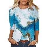 Blusenshirt Damen 3/4 Arm Damen T-Shirt 3/4 Arm Oberteile Tops Elegant Schmetterling Druck Shirt Tunika Lose Rundhals Sommershirts Mode Damenblusen Langarm Blumen Bluse Tshirt