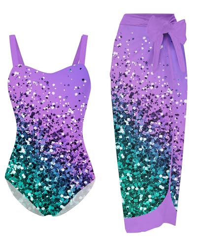 UNIFACO Girls One Piece Swimsuit with Cover Up Skirt 2 Piece Bathing Suit Swimwear Sets 6-12T