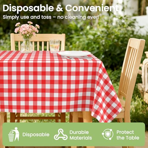 Image of LANLISA 4 Pack Red Gingham Tablecloth Plastic, 54 x 108 Inch Rectangle Table Cloth Disposable, Red and White Checkered Tablecloths for Picnic, Birthday Party Plastic Cover