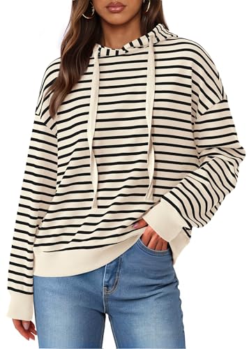 KIRUNDO Sweatshirt For Women Casual Loose Striped Long Sleeve Drawstring Hoodie Pullover Hooded Tops Fashion Clothing(Beige, Small)